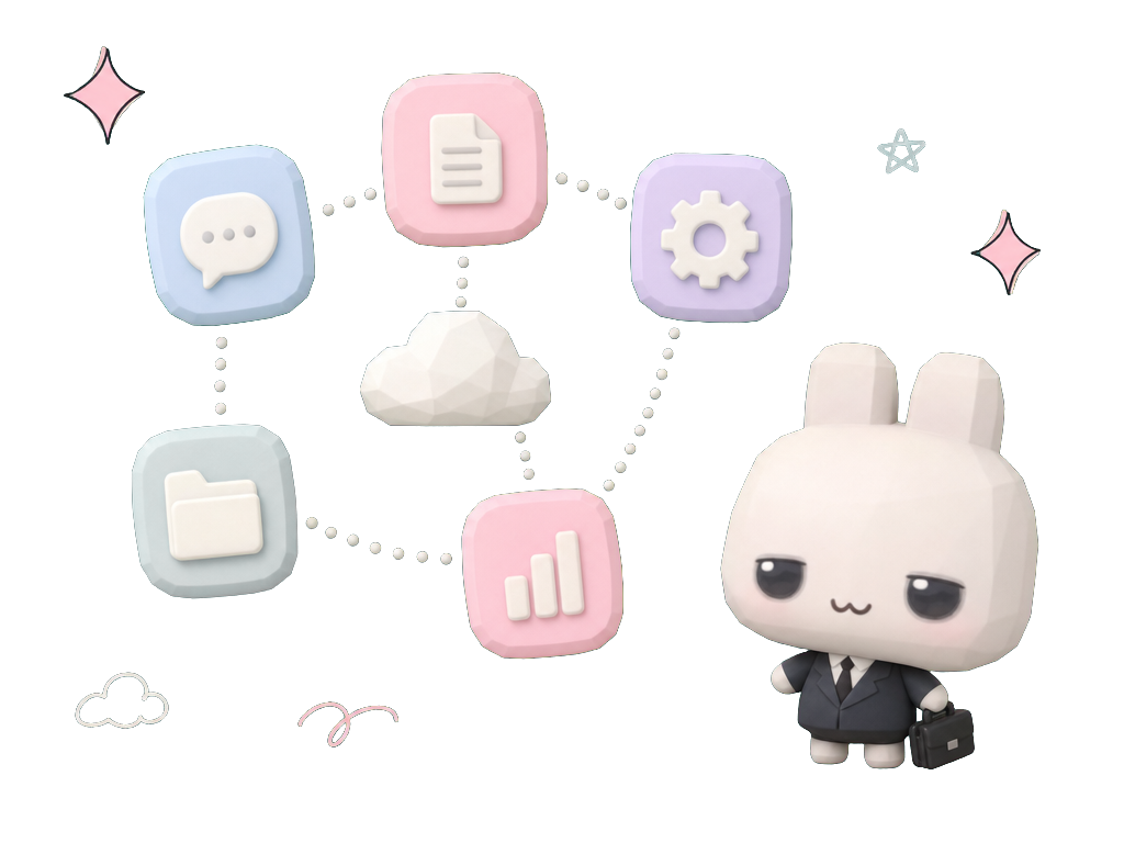 A calm diagram of connected knowledge sources, overseen by the Agent Fluff mascot